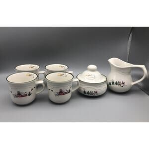 Pfaltzgraff Snow Village Red Barn Angels Design 4-Coffee Cups Creamer Sugar Bowl